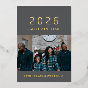 Elegant Minimal New Year Cheers Family Photo Foil Holiday Card