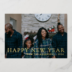 Elegant Minimal New Year Cheers Family Photo Foil Holiday Card