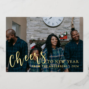 Elegant Minimal New Year Cheers Family Photo Foil Holiday Card