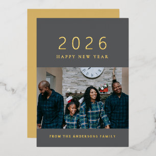 Elegant Minimal New Year Cheers Family Photo Foil Holiday Card