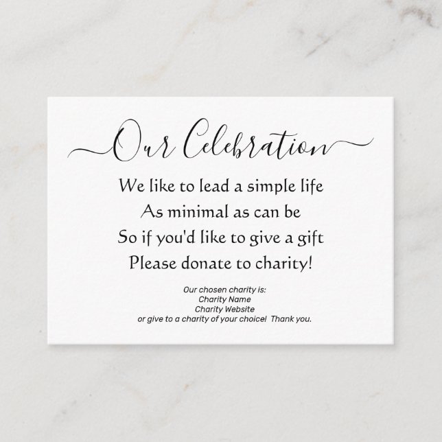 Elegant Minimal No Gifts Charity Donation Poem Enclosure Card (Front)