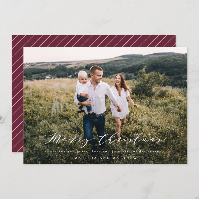 Elegant minimal photo Christmas script burgundy Holiday Card (Front/Back)