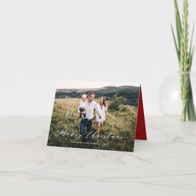 Elegant minimal photo Christmas script festive red Holiday Card (Front)