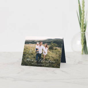 Elegant minimal photo Christmas script navy blue Holiday Card