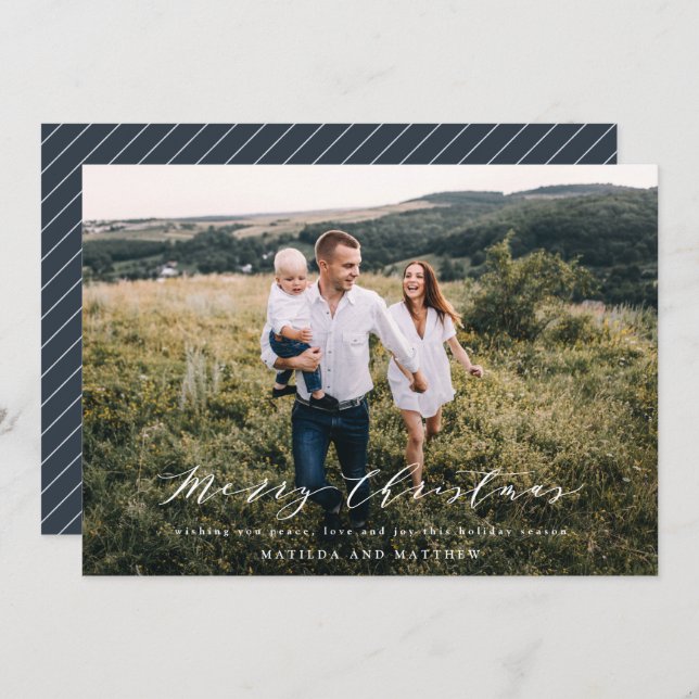 Elegant minimal photo Christmas script navy blue Holiday Card (Front/Back)