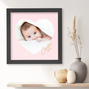 Elegant minimal photo pink heart name silver gold foil prints