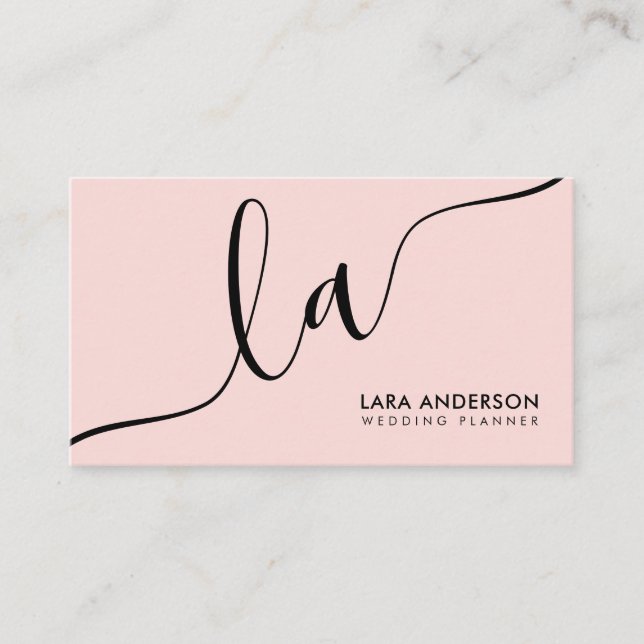 Elegant minimal pink black white monogram initials business card (Front)