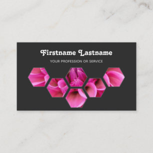 Elegant minimal pink blossoms on grey hexagons business card