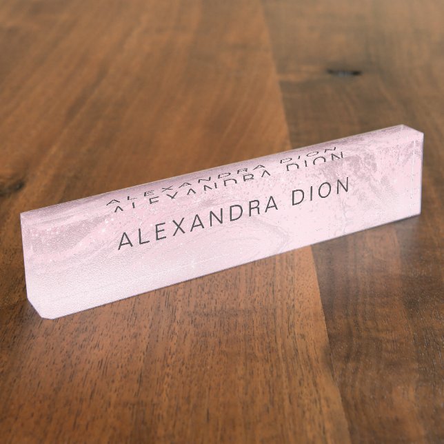 Elegant minimal pink rose gold glitter marble nameplate (Side)