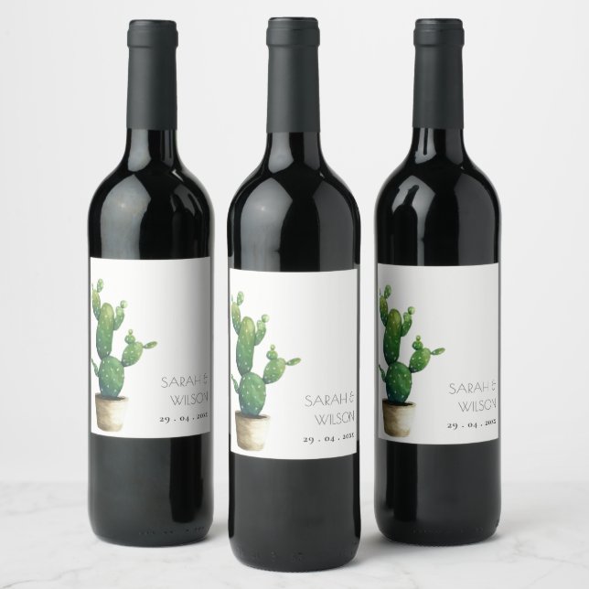 Elegant Minimal Potted Cactus Green Foliage Wine L Wine Label (Bottles)
