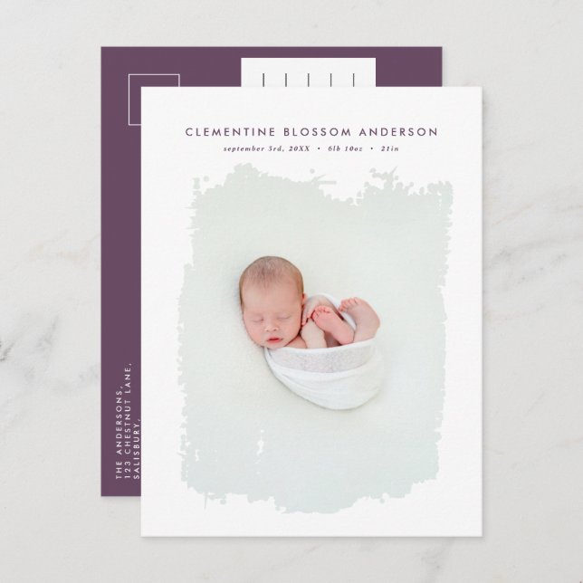 Elegant minimal purple birth announcement photo (Front/Back)