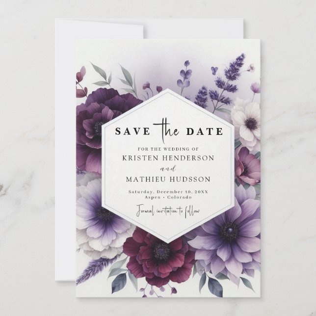  Elegant Minimal Purple Floral Wedding Save The Date (Front)