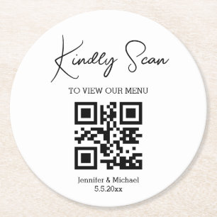 elegant minimal qr code wedding menu  round paper coaster