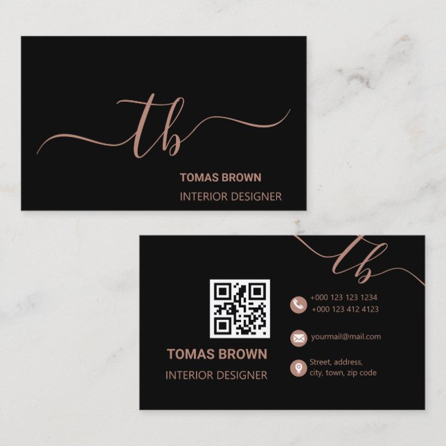 Elegant minimal rose gold black monogram initials business card (Front/Back)