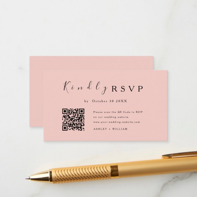 Elegant Minimal Rsvp Qr Code Blush Pink Wedding Enclosure Card (Front/Back In Situ)