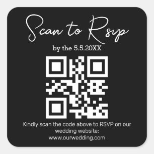 elegant minimal rsvp qr code wedding black white square sticker