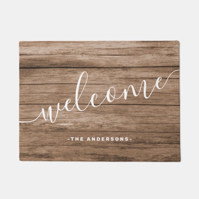 Elegant minimal rustic brown wood print welcome doormat (Front)