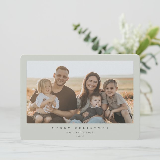 Elegant Minimal Sage Green Frame Single Photo Holiday Card (Standing Front)