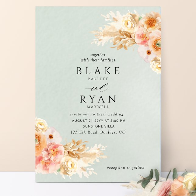 Elegant, Minimal Sage, Peach, Blush Cream Wedding Invitation (Creator Uploaded)