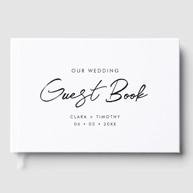 Elegant Minimal Script Black and White Wedding Guest Book (Front)