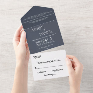 Elegant Minimal Script Dusky Blue Modern Wedding All In One Invitation