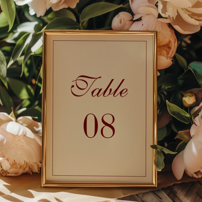Elegant Minimal Script Ivory & Wine Red Wedding Table Number (Creator Uploaded)