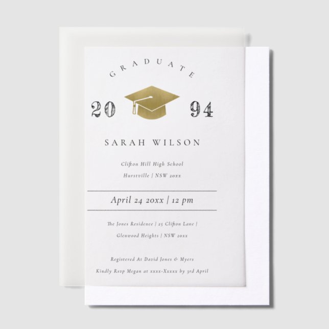 Elegant Minimal Simple Gold Foil Graduation Party Vellum Invitations (Offset)