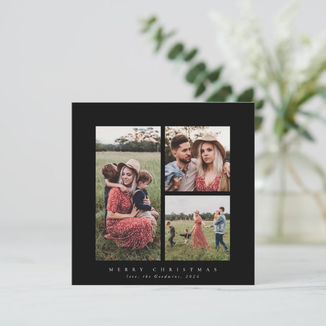 Elegant Minimal Square Triple Photo Holiday Card (Standing Front)
