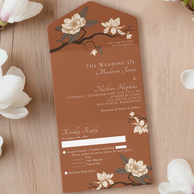 Elegant Minimal Terracotta Magnolia Wedding All In One Invitation (Creator Uploaded)