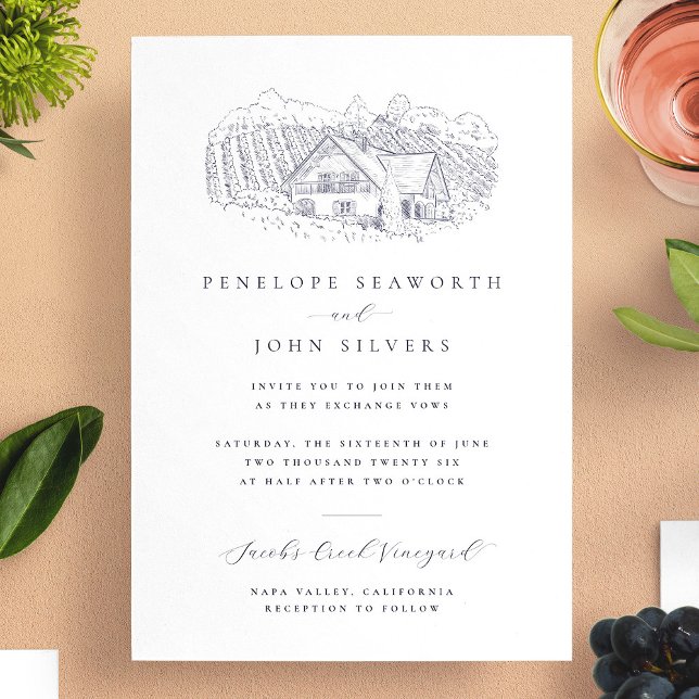 Elegant Minimal Vineyard Illustration Wedding Invitation (Elegant Minimal Vineyard Illustration Wedding Invitation)