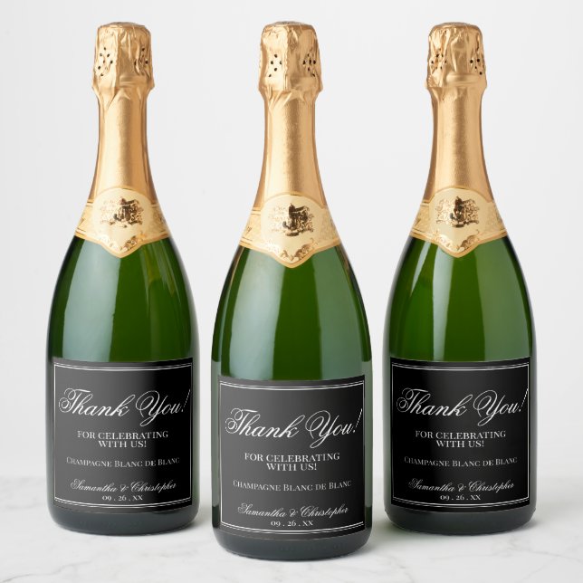 Elegant Minimal Wedding Thank You White on Black Sparkling Wine Label (Bottles)