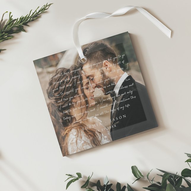 Elegant Minimal Wedding Vow script Couple Photo Glass Tree Decoration (Elegant Minimal Wedding Vow script Couple Photo Glass Ornament)