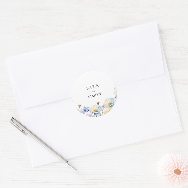 Elegant minimal Whimsical Wildflower wedding Classic Round Sticker (Envelope)