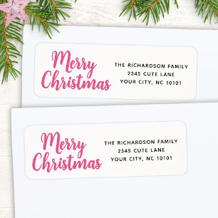 Elegant Minimal White and Pink Merry Christmas Return Address Label