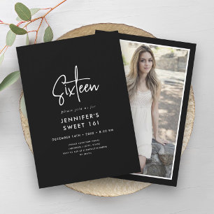 Elegant Minimal White Black Photo Sweet 16 Invitation