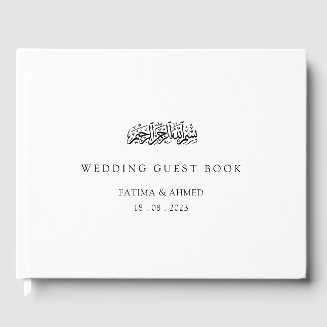 Elegant Minimal White Black Script Muslim Wedding Guest Book (Front)