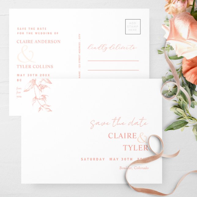 Elegant Minimal White Blush Pink and Peach Wedding Postcard (Creator Uploaded)