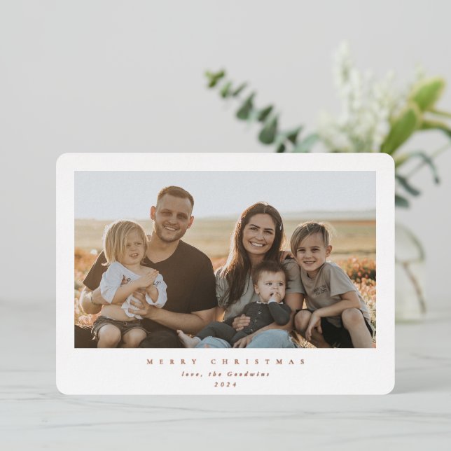 Elegant Minimal White Frame Single Photo Foil Holiday Card (Standing Front)