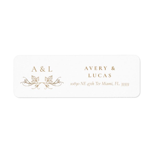 Elegant Minimal White Gold Monogram Wedding Return Address Label (Front)