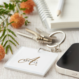 Elegant Minimal White Gold Script Monogram Key Ring