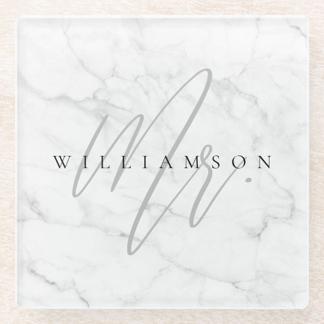 Elegant Minimal White Marble Mr. Script Custom Glass Coaster (Front)
