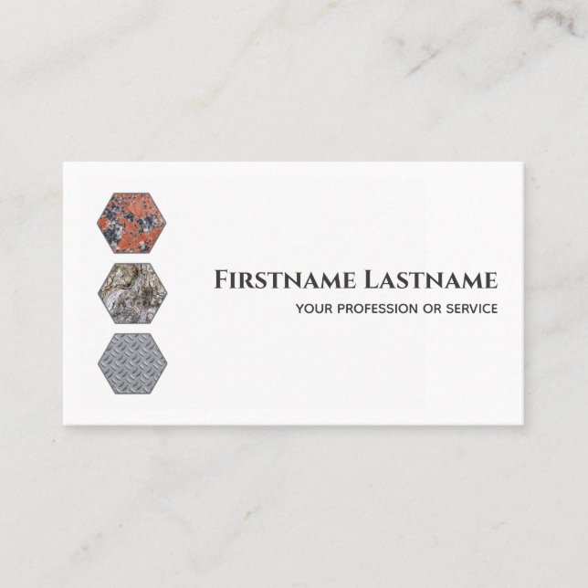 Elegant minimal white marble wood steel hexagon business card (Front)