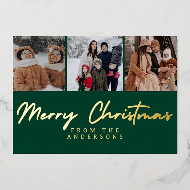 Elegant Minimalist 3 Photo Layout Family Christmas Foil Holiday Card (Front)