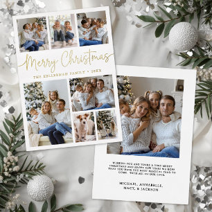 Elegant Minimalist 8 Photo Collage Christmas Gold Foil Holiday Card