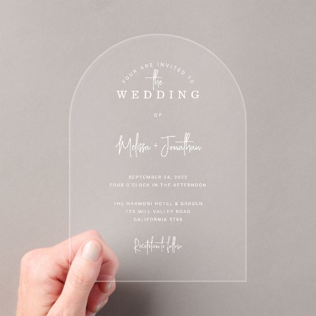 Elegant Minimalist Arch Handwritten Script Wedding Acrylic Invitations (Insitu (Handheld))