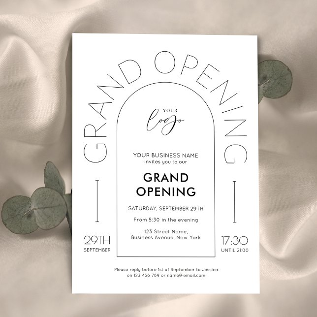 Elegant Minimalist Arch New Business Grand Opening Invitation (Elegant business grand opening invitation in black and white with thin arch background)