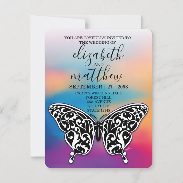 Elegant Minimalist B&W Butterfly ans Sunset Invitation (Front)