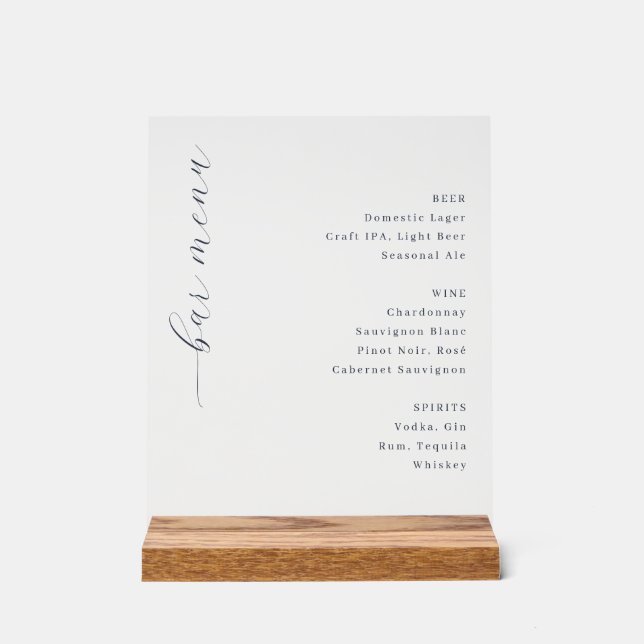 Elegant Minimalist Bar Menu Card Acrylic Sign (Front)