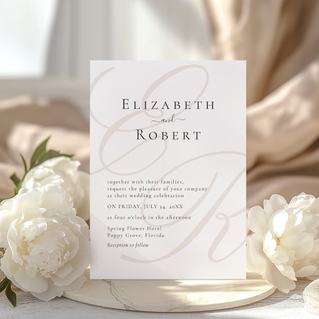 Elegant Minimalist Beige Monogram Wedding Invitation (Elegant Minimalist Beige Monogram Wedding Invitation with white peonies)