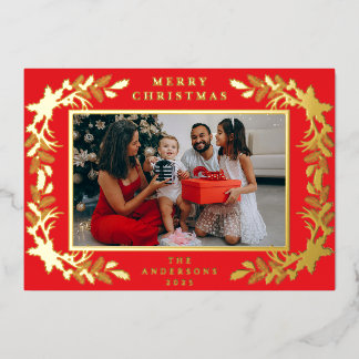 Elegant Minimalist Berry Leaves Christmas Family Foil Holiday Card